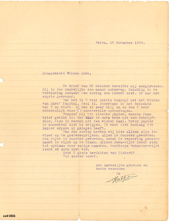 Hatta to Post, 18 November 1939