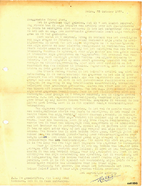 Hatta aan Post, 23 oktober 1937