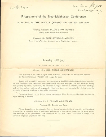 Programma van de Neo-Malthusiaanse Conferentie in Den Haag, 1910