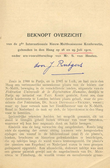 Beknopt overzicht van de 3de NM Konferentie, Den Haag 1910